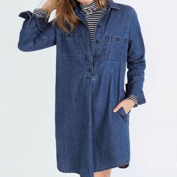 Madewell Dresses & Skirts - Madewell Denim Popover Shirtdress  / Shift Dress Blue Front Pockets Size Medium